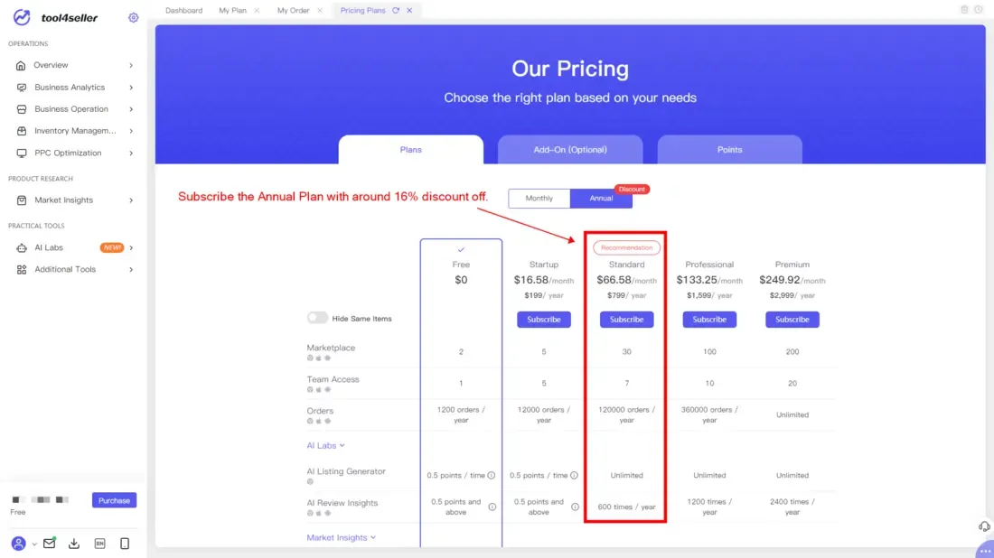 tool4seller pricing page.