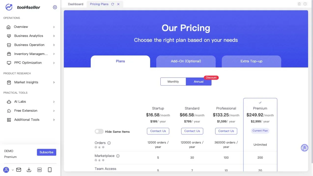 Current tool4seller Pricing Plans page showing Startup, Standard, Professional, and Premium annual plans in the sanitized demo environment.