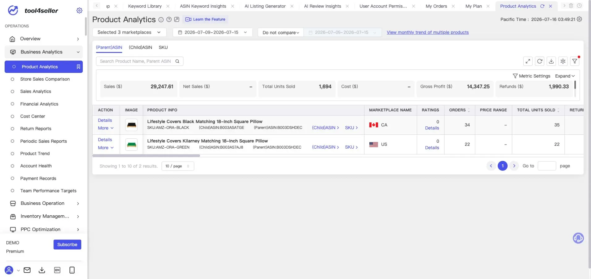 Current tool4seller Product Analytics page showing sanitized demo product metrics, trend controls, and product rows.