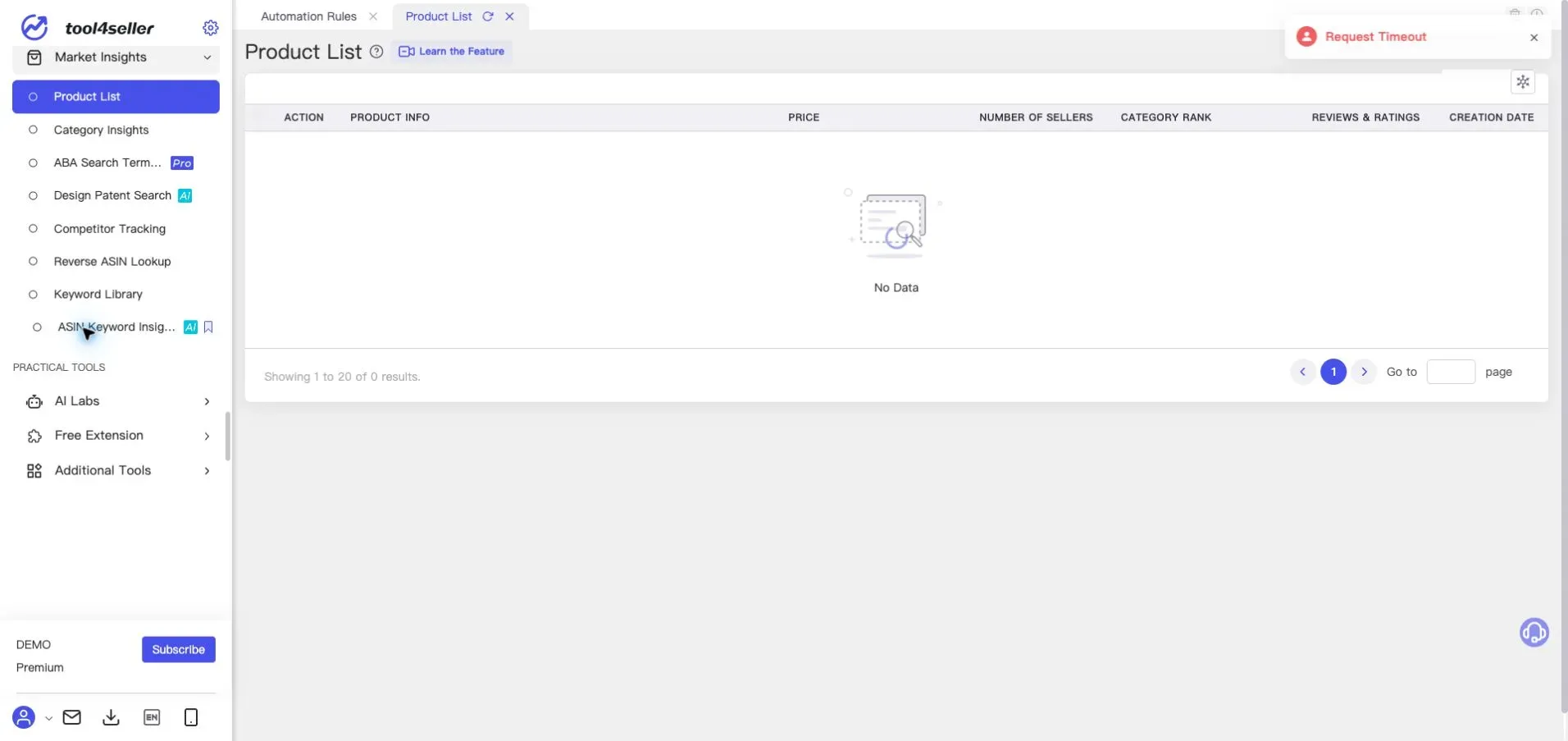 Interface tool4seller : Page actuelle « Product List » avec des données produit anonymisées de l’environnement de démonstration.