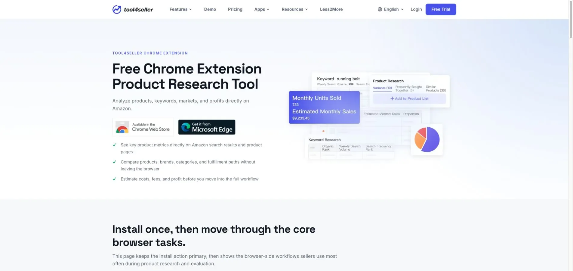 Current official tool4seller Chrome extension page showing the product research extension and its installation links.