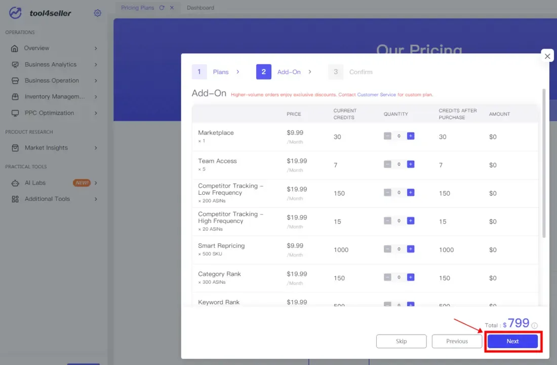 tool4seller purchase add- interface.