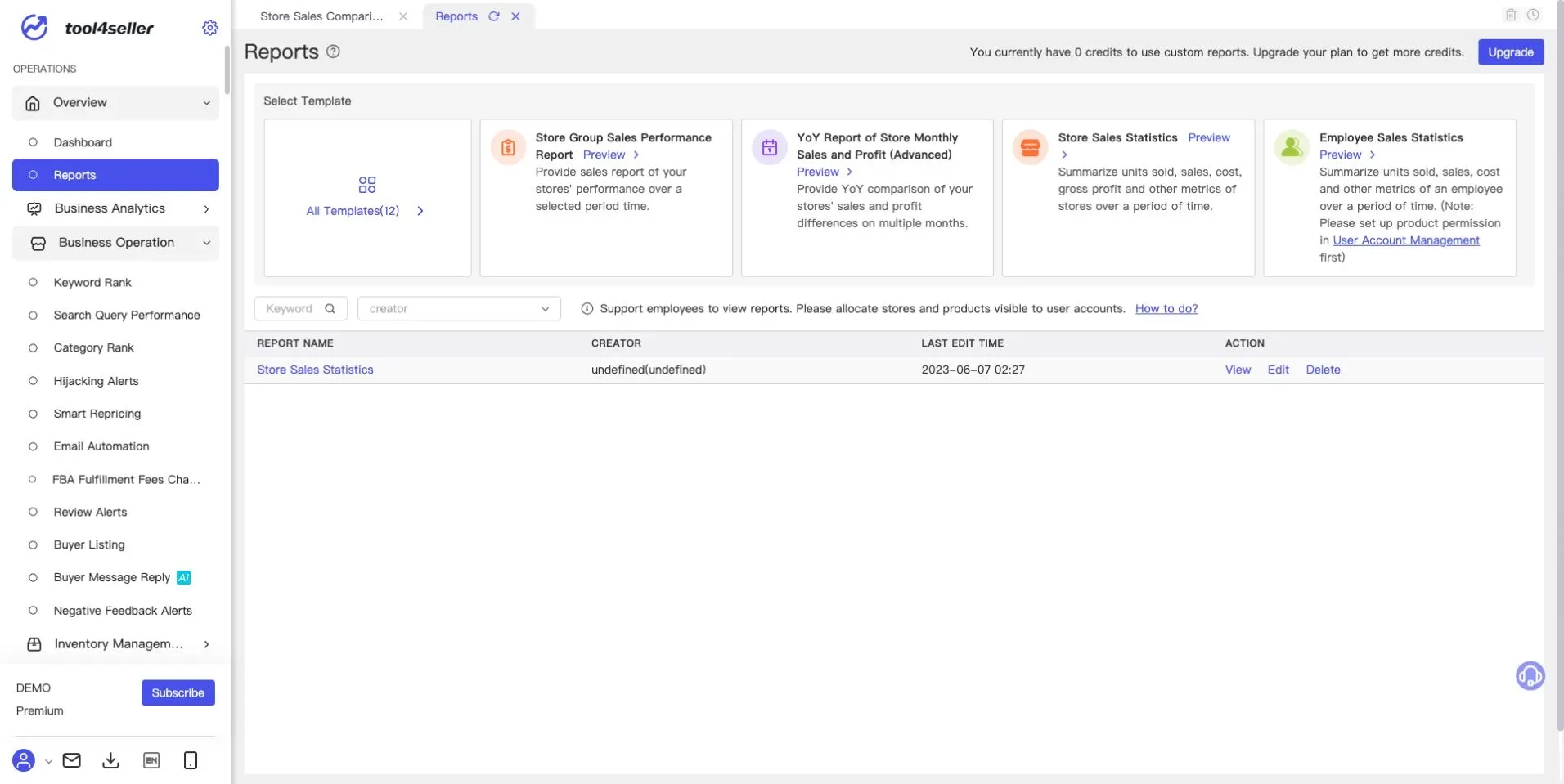 Interface tool4seller : Page actuelle « Reports » avec modèles, recherche et rapports de démonstration enregistrés.