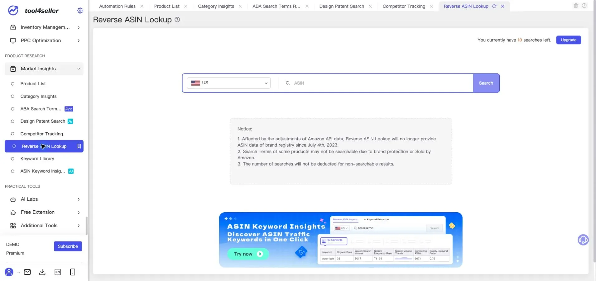 Interface tool4seller : Page actuelle « Reverse ASIN Lookup » dans l’environnement de démonstration anonymisé.