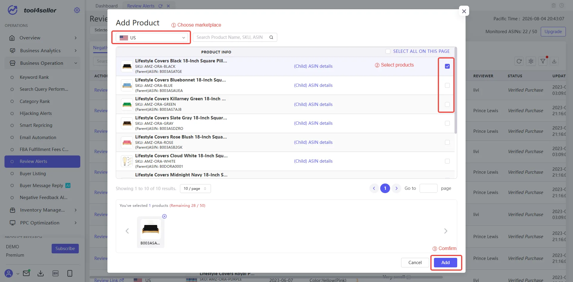 tool4seller Add Product dialog for Review Alerts showing marketplace selection, product checkboxes, and the Add button highlighted.