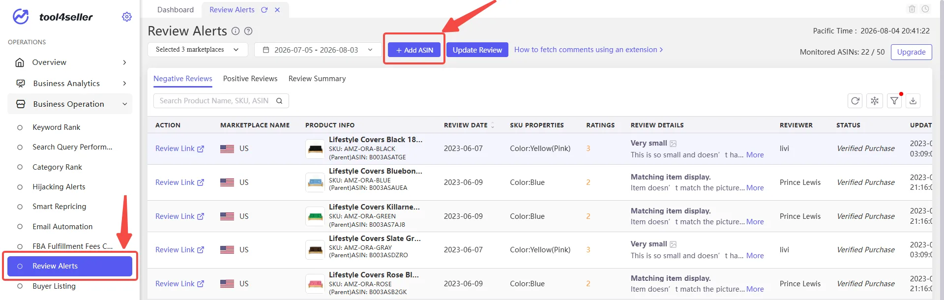 tool4seller Review Alerts page showing the Review Alerts menu item and Add ASIN button highlighted.