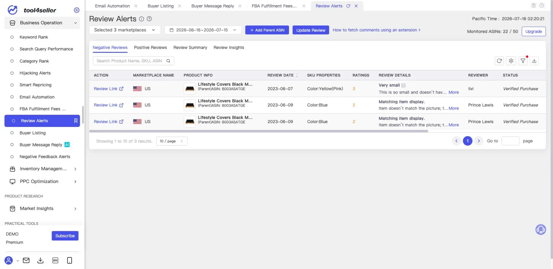 Interfaz de tool4seller: Página actual «Review Alerts» del entorno de demostración anonimizado.