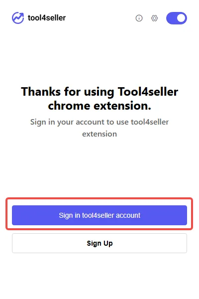 tool4seller Chrome extension sign-in screen with the Sign in tool4seller account button highlighted.