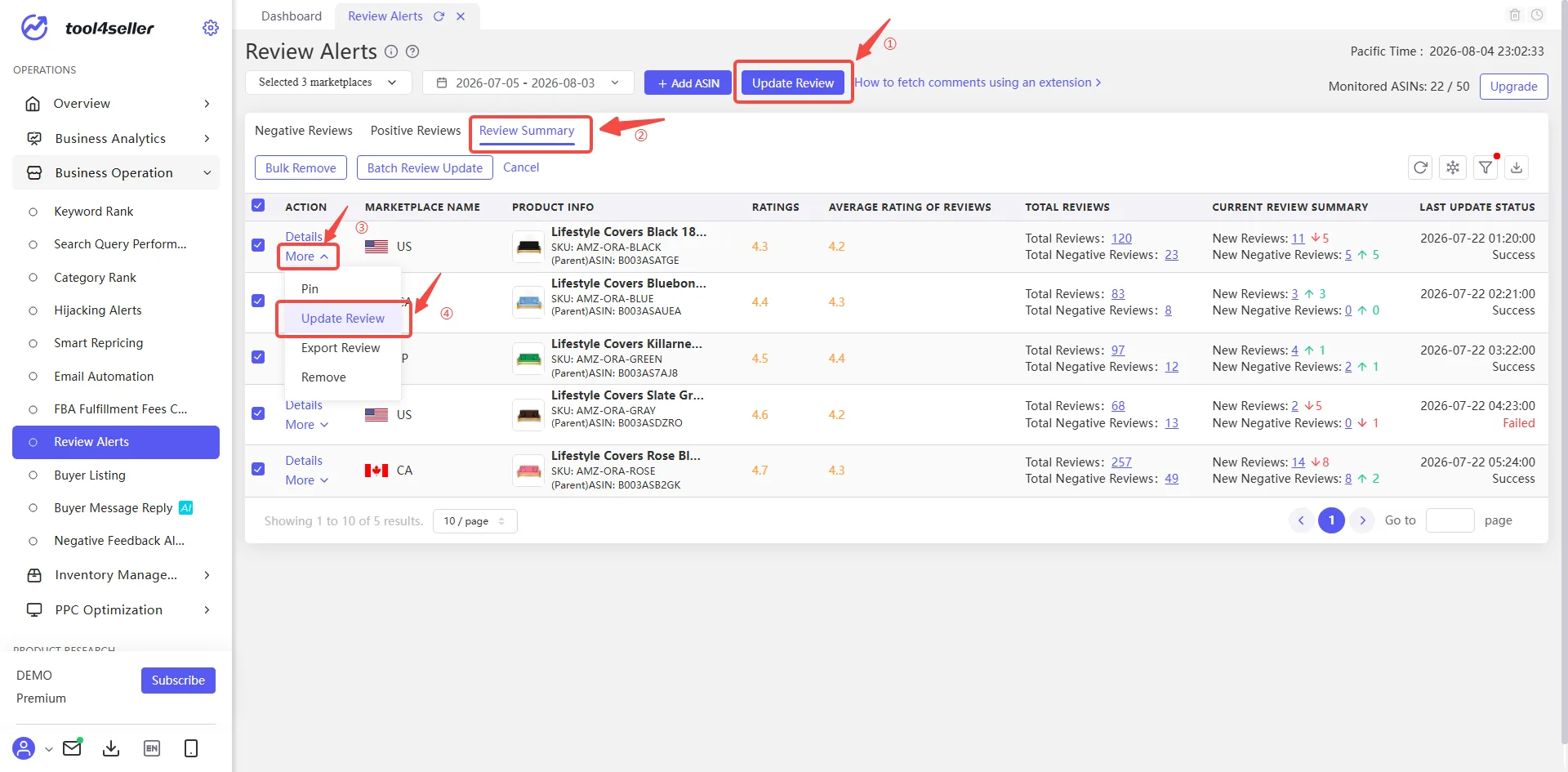tool4seller Review Alerts page showing the Review Summary tab with Batch Review Update, Bulk Remove, Update Review, and Remove controls.
