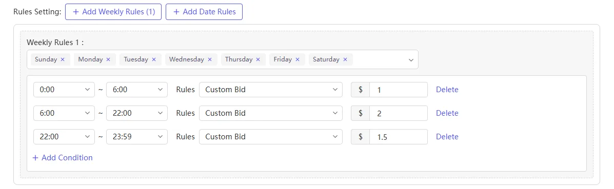 tool4seller schedule bid adjustment rule settings showing weekly custom bid rules for different time periods.