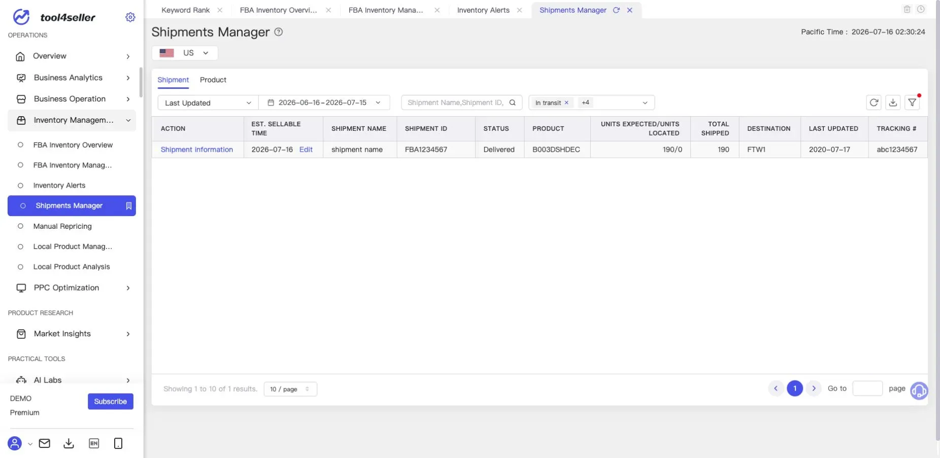 Current tool4seller Shipments Manager page showing a sanitized demo shipment, estimated sellable time, status, destination, and tracking information.