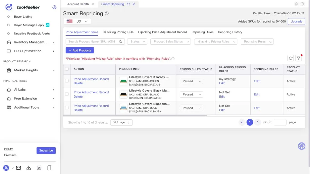 Current tool4seller Smart Repricing page showing sanitized demo products, repricing rule status, and pricing rule controls.