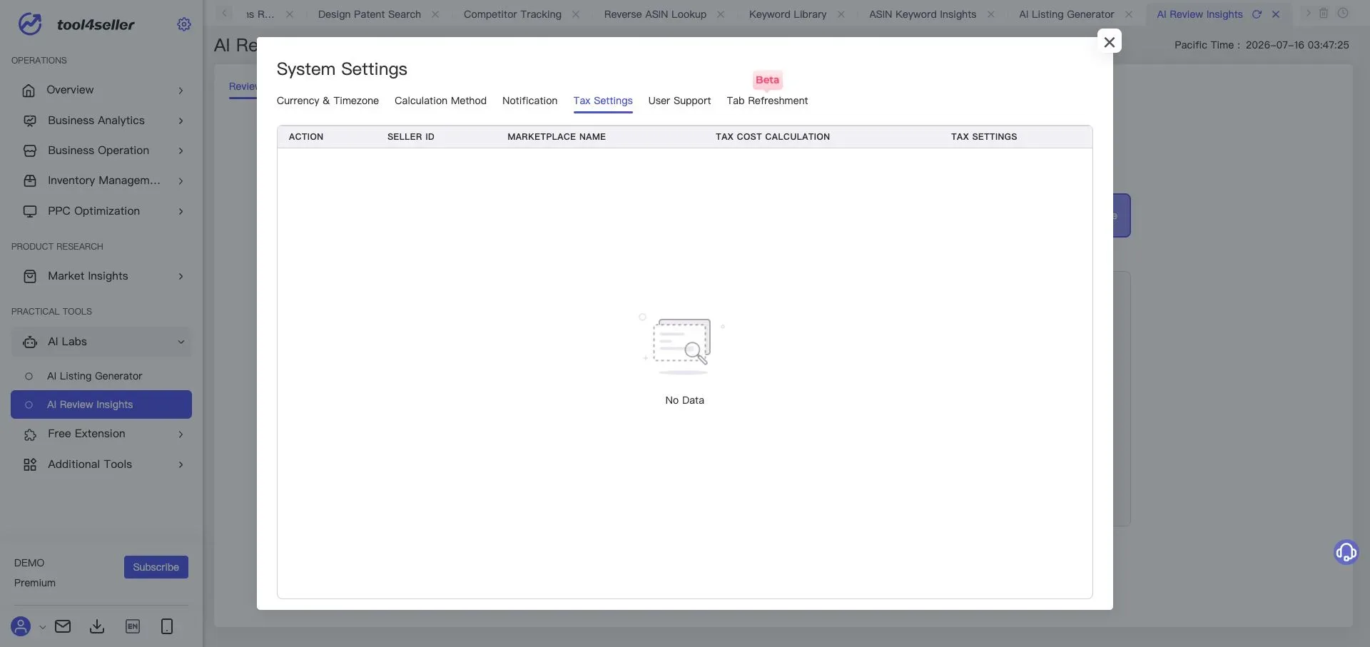 Current tool4seller System Settings Tax Settings tab showing the tax configuration entry point in the sanitized demo environment.