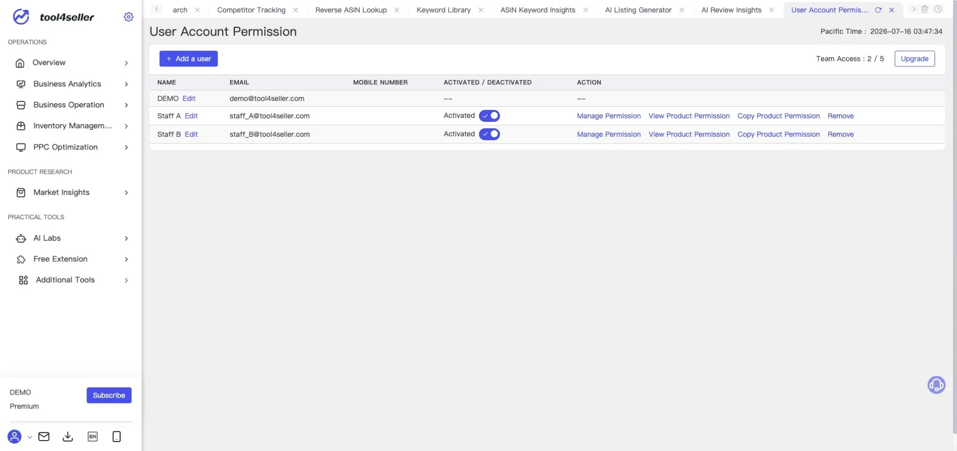 Interfaccia di tool4seller: Pagina attuale User Account Permission con accessi del team e azioni sui permessi nell’ambiente demo anonimizzato.