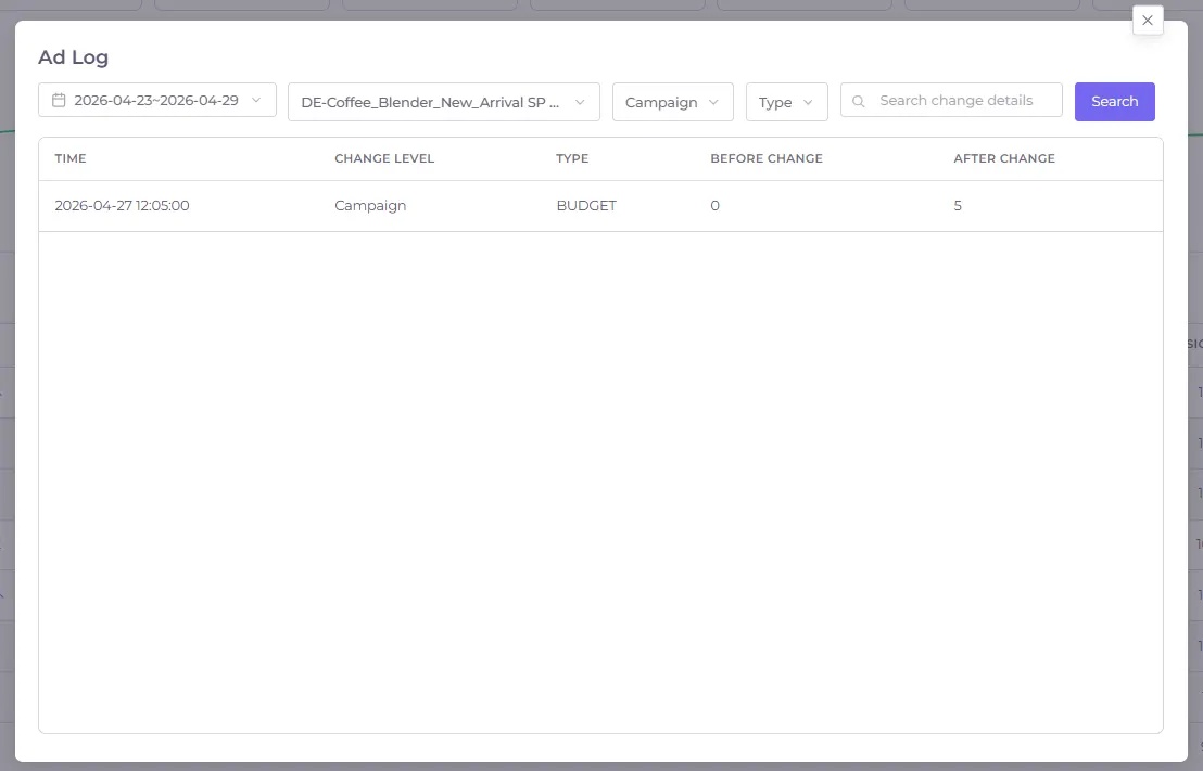 Less2More AI Ad log dialog with filters for date range, change level, and type