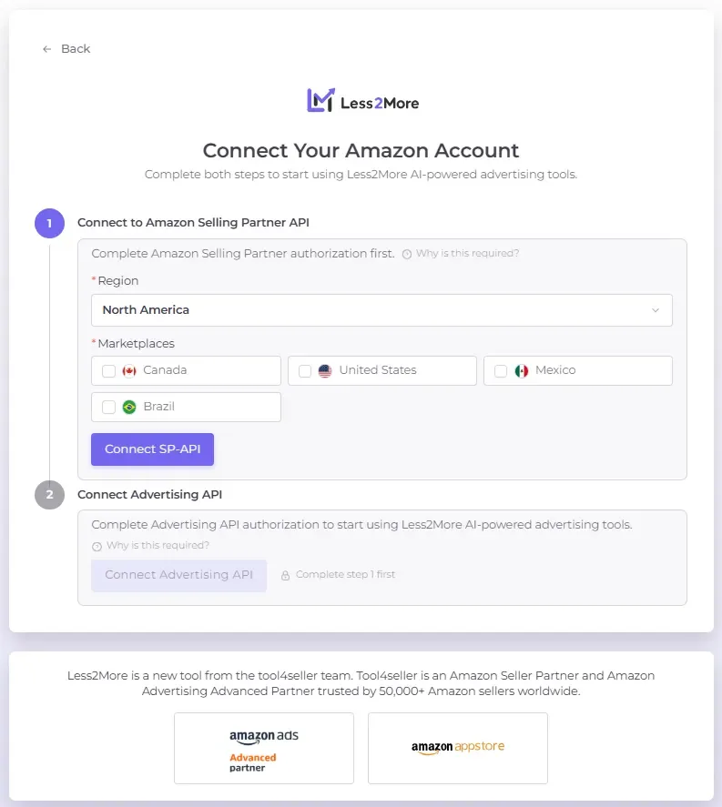 Manage Stores authorization screen Manage Stores authorization screen for connecting SP-API and Advertising API in Less2More