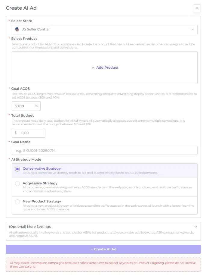 Less2More dashboard with the Create AI Ad button