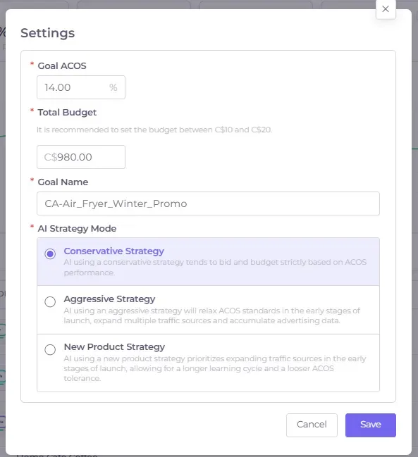 AI Ad settings panel Less2More AI Ad settings panel for goal name, total budget, Goal ACOS, and strategy mode