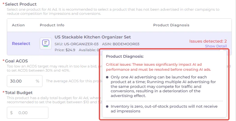 Less2More critical issue warning explaining why an AI Ad cannot be created for the selected product