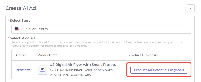 Less2More AI Ad creation product selection screen showing the Product Ad Potential Diagnosis button.