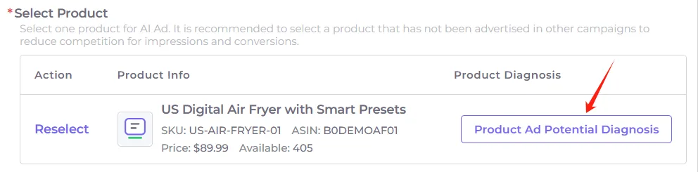 Less2More AI Ad creation product selection screen showing the Product Ad Potential Diagnosis button for a selected product.