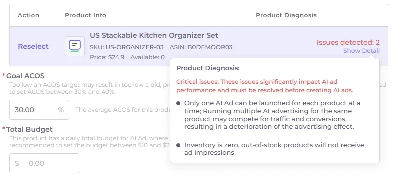 Less2More AI Ad creation screen showing product diagnosis critical issues for an existing AI advertising conflict and zero inventory.