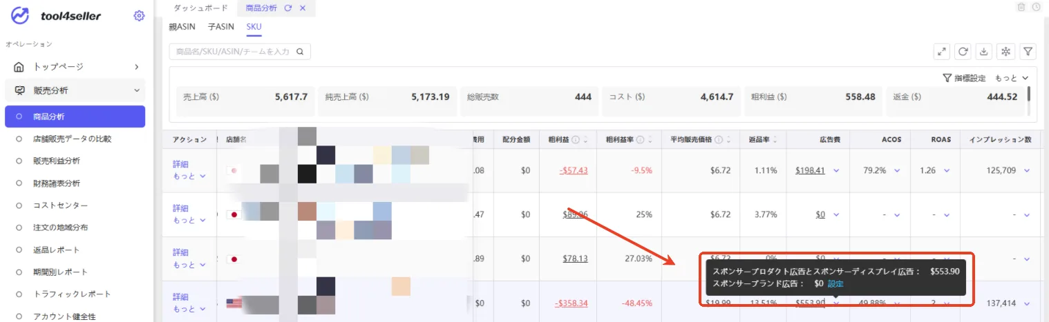 スポンサーブラント広告費の配分 - Amazon総合セラーツール| tool4seller の画面