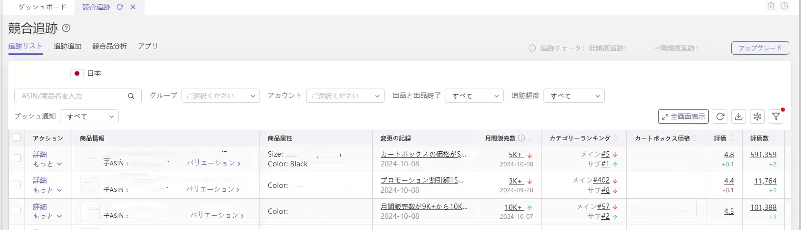tool4seller競合追跡 追跡リスト