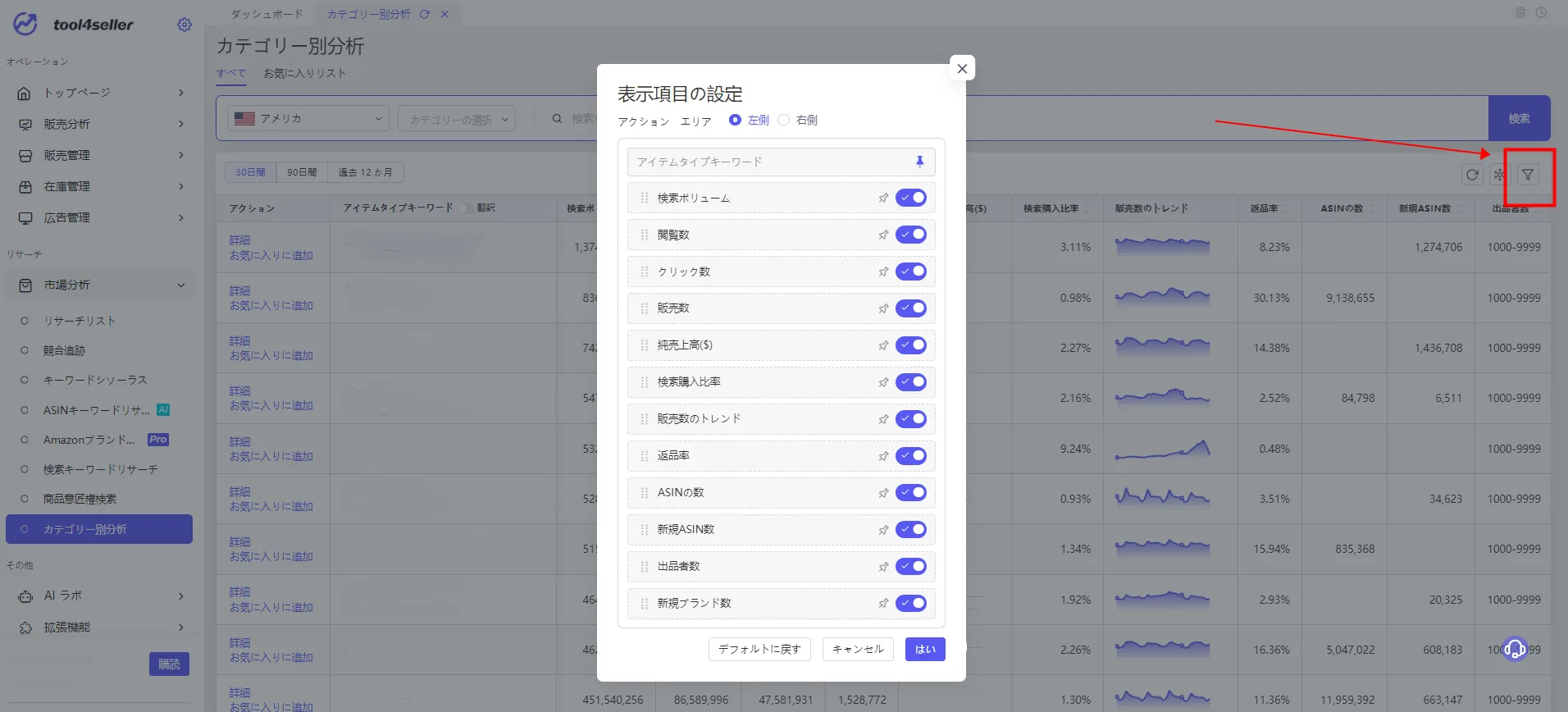 tool4seller カテゴリー別分析ー表示項目 設定