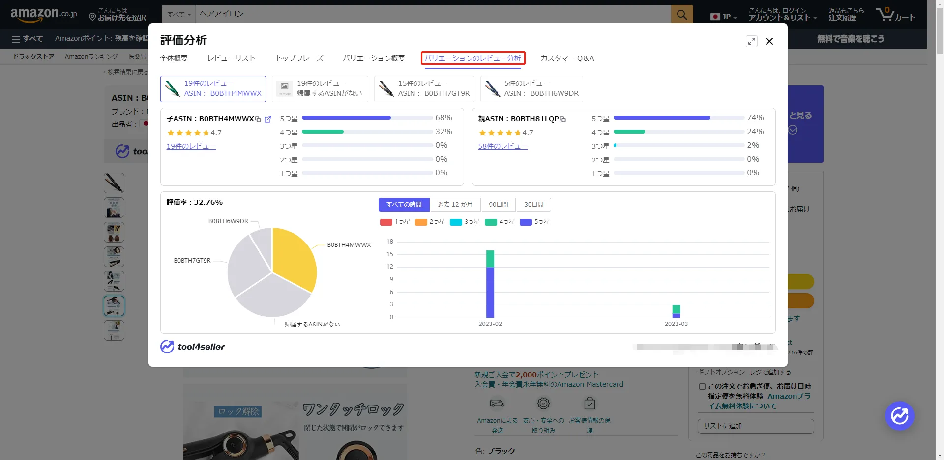 tool4seller 拡張機能 - Amazon商品リサーチ の画面